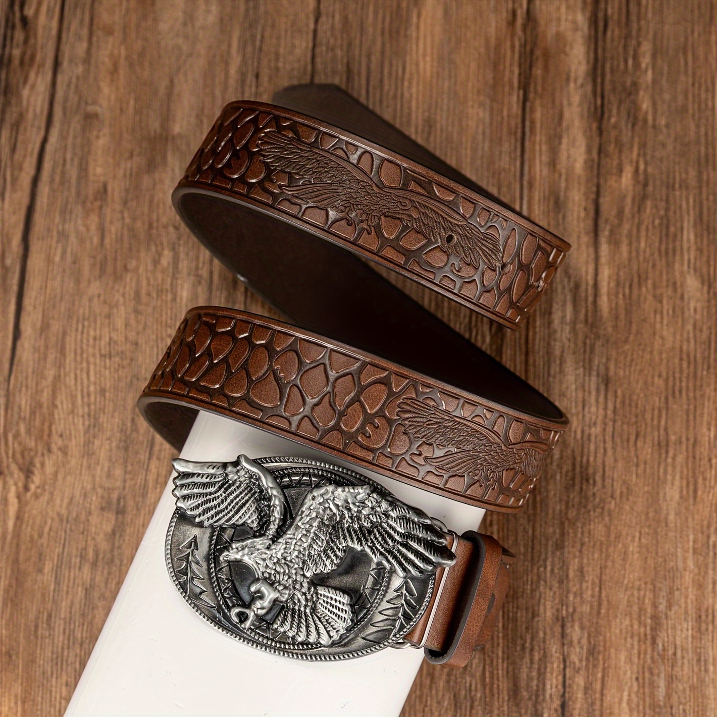 Large Oval Eagle Buckle Belt Embossed PU Leather